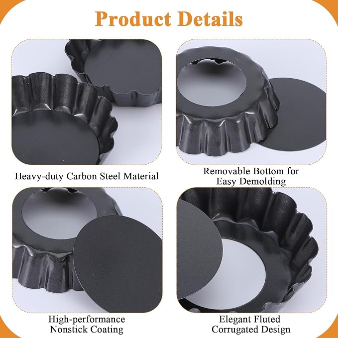 18 Packs Mini Tart Pans 3 Inch, Carbon Steel Egg Tart Molds with Removable Bottom & Nonstick Coating – Round Fluted Quiche Pans for Pie, Cheesecake, Muffins, Desserts (Black) - Image 3
