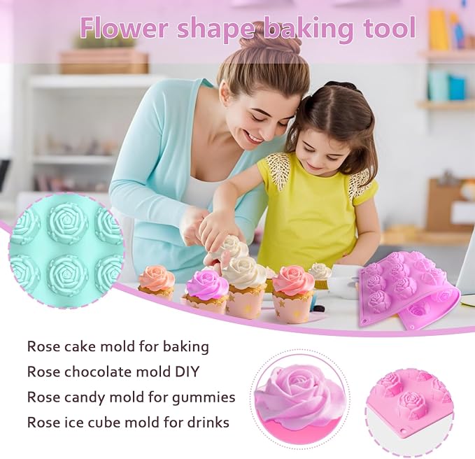 MEMOVAN 15 Cavity Rose Silicone Fondant Mold 2pcs 3D Flower Cake Resin Mold Rose Candy Chocolate Mold Flower Ice Tray Molds for Sugarcraft Cupake Decoration Soap Candle Making Clay Lotion Bar Wax - Image 4