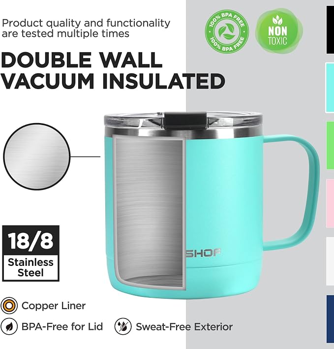 HAUSHOF 14 oz Coffee Mug, Insulated Coffee Mug with Handle, Travel Camping Cup, Portable Stainless Steel Coffee Cup, Insulated Coffee Cups with Lid, Lake Blue - Image 3