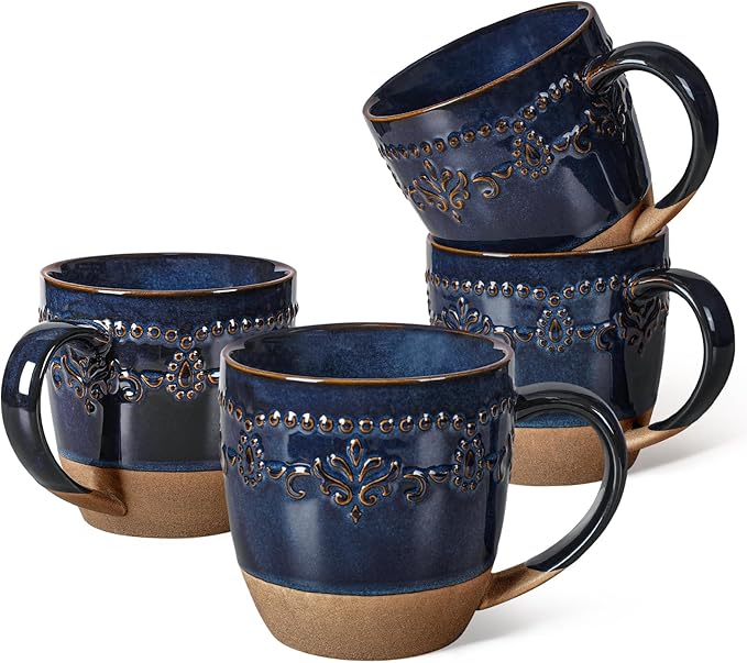 Artena Ceramic Coffee Mugs Set of 4, 16oz Embossed Large Latte Mugs Coffee Cups with Handle for Tea, Latte, Cappuccino & Cocoa, Milk Dishwasher & Microwave Safe, Blue (Damask Floral) by Artena