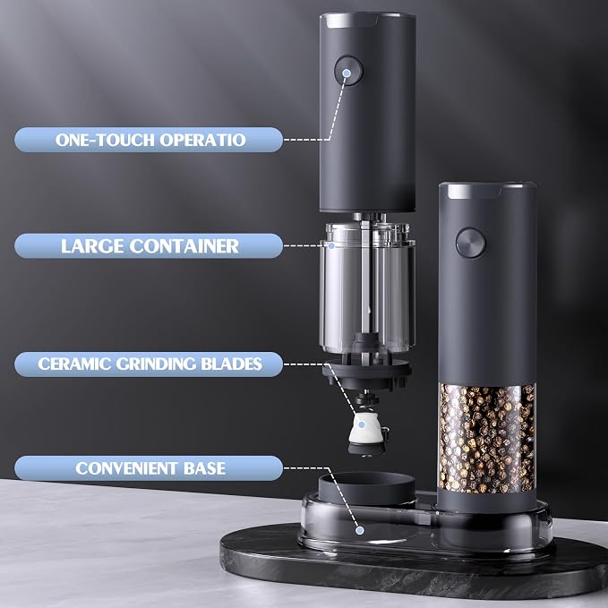 Electric Salt and Pepper Grinder Set Automatic Battery Pepper Mill Shakers Adjustable Coarseness Upgraded Larger Capacity with Led Home and Kitchen Appliances(Dark Gray) - Image 7