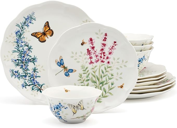 Lenox Porcelain Dinnerware Sets For 4, Butterfly Meadow Herbs 12-Piece Dinnerware Set, Service For 4, Microwave Safe Plates, White Dinner Plates and Bowls Sets, Dishes, Kitchen and Dining (12 Piece) by Lenox