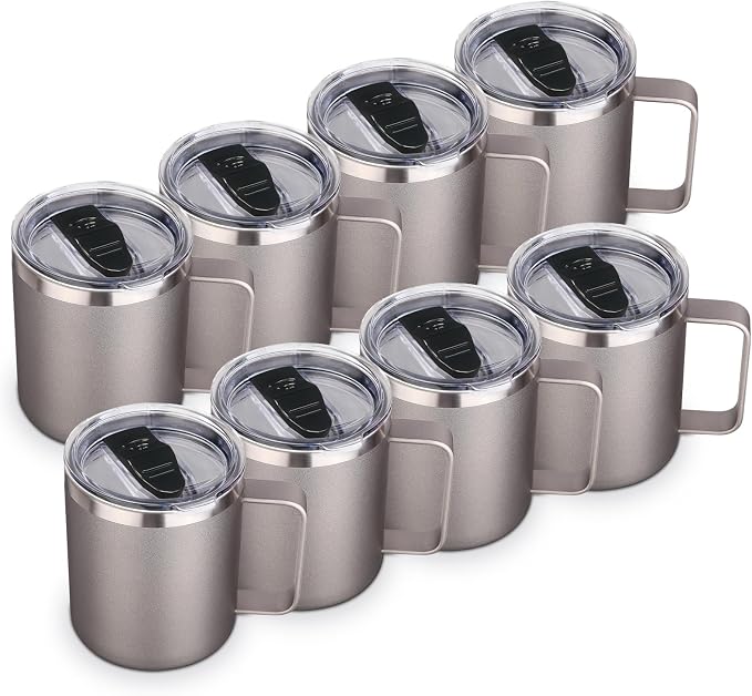Volhoply 14oz Insulated Stainless Steel Coffee Mug with Lid Bulk 8 Pack,Double Wall Vacuum Travel Coffee Cup with Handle,Reusable Metal Cups Tumbler,Camping Mugs Keep Hot,Ideal Gifts(Gray,8 Set) by LiveFully%EF%BC%8CDrinkFreely%E2%80%94KeepGoingwithVolhoply%EF%BC%81