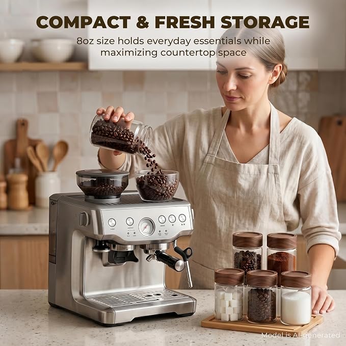 6 Pack 8 oz Glass Jars with Lids, Tall Small Mason Jars with Airtight Acacia Wood Lid, Glass Food Storage Containers for Coffee Bar, Loose Tea, Hot Cocoa & Apothecary Decor - Image 2