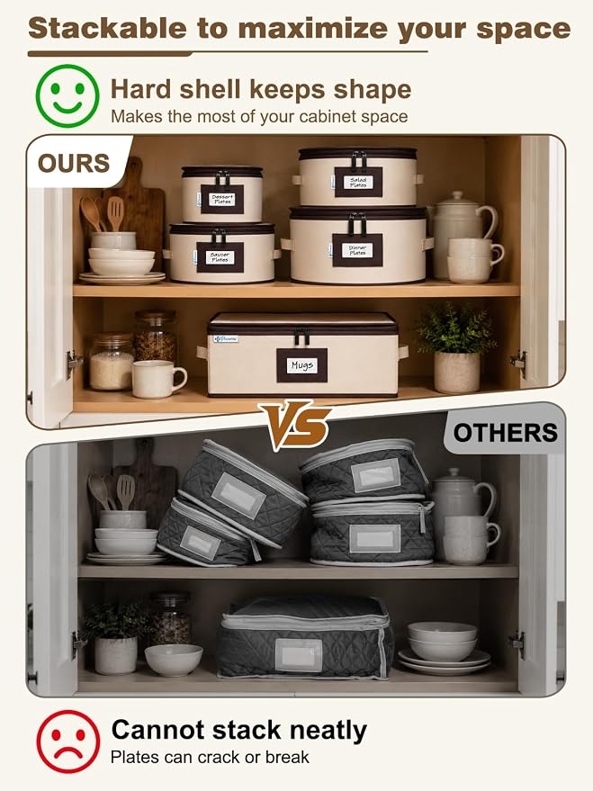 punemi 6-Piece Hard Shell China Storage Containers with Dividers, Stackable Dinnerware Storage Boxes for Plates, Mugs & Cup Organizer, Wine Glass Storage Boxes, Moving Boxes for Stemware, Beige - Image 7
