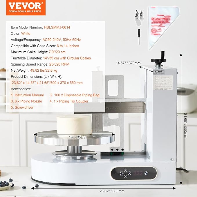 VEVOR Cake Decorating Machine, Cake Cream Spreading Coating Smearing Machine, Low Noise Cake Frosting Machine, Turntable with Adjustable Scraper, for 6" to 14" Cake, 25-320RPM Rotating Speed, White