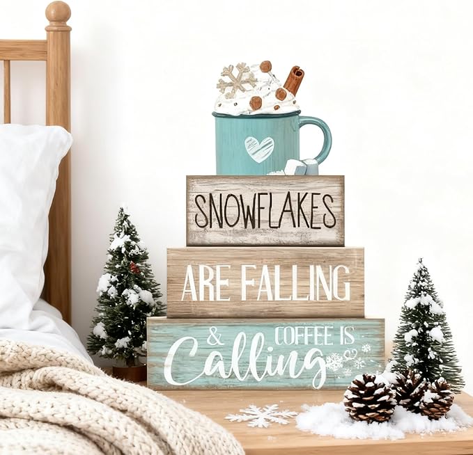 Moucuny 4 Pcs Winter Table Decor Wooden Milk Cocoa Decoration Winter Tiered Tray Centerpiece Decorative Blue Hot Cocoa Block Signs Gift Farmhouse Decoration for Home Kitchen - Image 6
