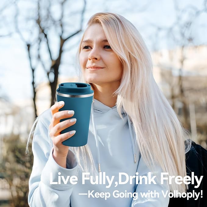 Volhoply 12 oz Double Wall Insulated Vacuum Travel Coffee Mug with Flip Lid,Reusable Stainless Steel Leak Proof Coffee Cup,Portable Iced Cafe Thermal Tumbler Suitable for Hot & Cold Drinks(Bule,1 Set) - Image 7