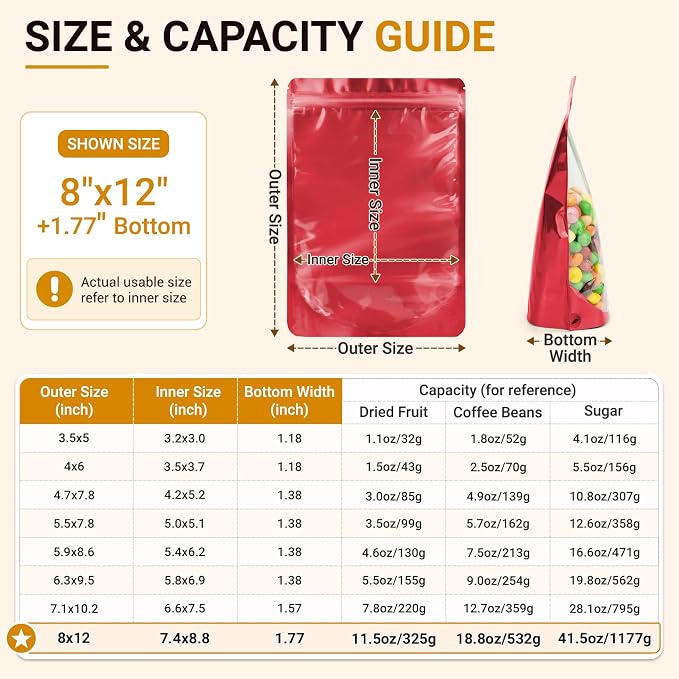 ANZNKU 100PCS Mylar Bags Resealable Large Smell Proof Bags(Red, 8x12) | Stand Up Foil Pouches Clear Window, Sealable Bags for Small Business Packaging Snack Party Favors Candy Treats Food Storage - Image 2