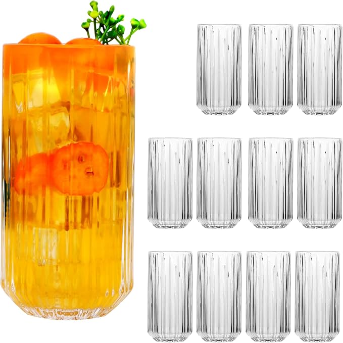 QAPPDA Highball Glasses Set of 12,Vintage Ribbed 13oz Drinking Glasses,Origami Style Glass Cups Everyday Glassware for Cocktail,Whiskey,Juice,Water | Origami Style Glass Cups Everyday Glassware for Cocktail,Whiskey,Juice,Water by QAPPDA