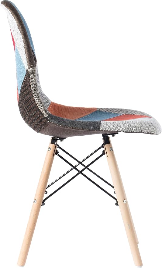 Mid-Century Modern Upholstered Plastic Multicolor Fabric Patchwork DSW Shell Dining Chair with Wooden Dowel Eiffel Legs - Image 7