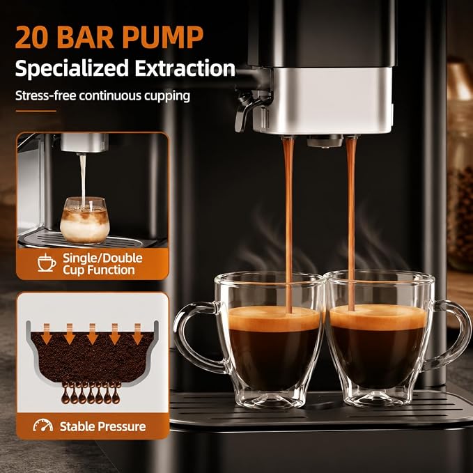 Fully Automatic Espresso Machine with Grinder, 20 Bar Coffee Maker with Dual Boiler System, One Touch Latte Cappuccino Maker with Auto Milk Frother, 1.5L Water Tank for Home Office - Image 4