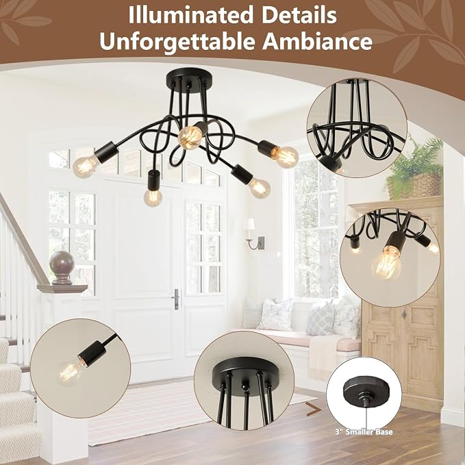 Modern Farmhouse Chandelier,25 Inch 5 Light Sputnik Semi Flush Mount Ceiling Light, Metal Black Rustic Light Fixture for Dining Room Bedroom Kitchen Hallway Entryway - Image 5