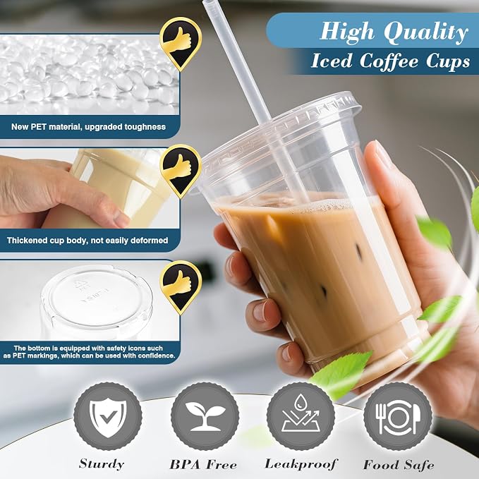 Ginkgo 100 Pack 24oz Clear Plastic Cups with Lids and Straws | Leak-Proof & Sturdy Disposable To Go Iced Coffee Cups for Smoothies, Lemonade - Image 3