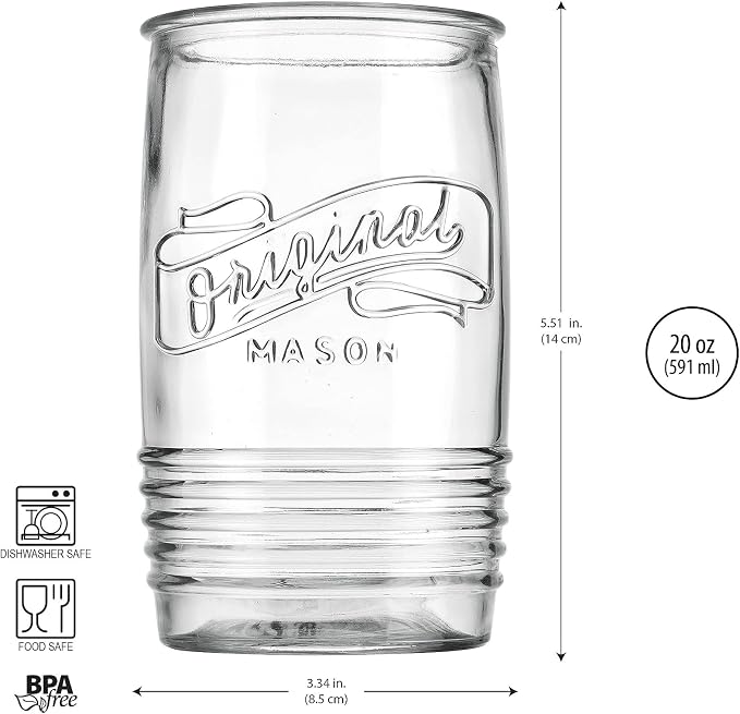 Glaver's Glass Tumbler Drinking Glasses Set of 4 – Genuine Artisan-Made Vintage Italian Original Mason – Elegant 20 Oz Clear Tumbler Glassware Set for Refreshing Drinks, Beverages, Iced Tea. - Image 2