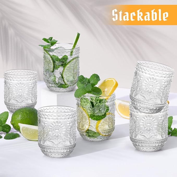 Topsky Clear Vintage Drinking Glass Set of 6,12 oz Embossed Floral Decorative Glassware Set,Glass Cups Wine Glasses Beverages Tumblers Colored Glassware for Whisky,Beer,Juice,Cocktail,Heavy Duty - Image 8