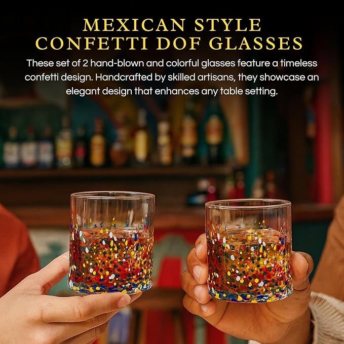 Large Confetti DOF Glasses – Set of 2-11oz Luxury Hand Blown Confetti Whiskey, Margarita, Martini, Cocktails, Water, Wine, Dessert & Champagne Glasses Cinco de Mayo, Hand Blown - Mexican Water Glass - Image 3