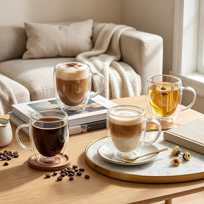 FrutPunch Double Walled Glass Coffee Mugs Set of 4,12 oz Glass Coffee Cups | Clear Borosilicate Glass Mugs with Handles, Suitable for Cappuccinos, Lattes, and Other Hot Beverages - Image 5