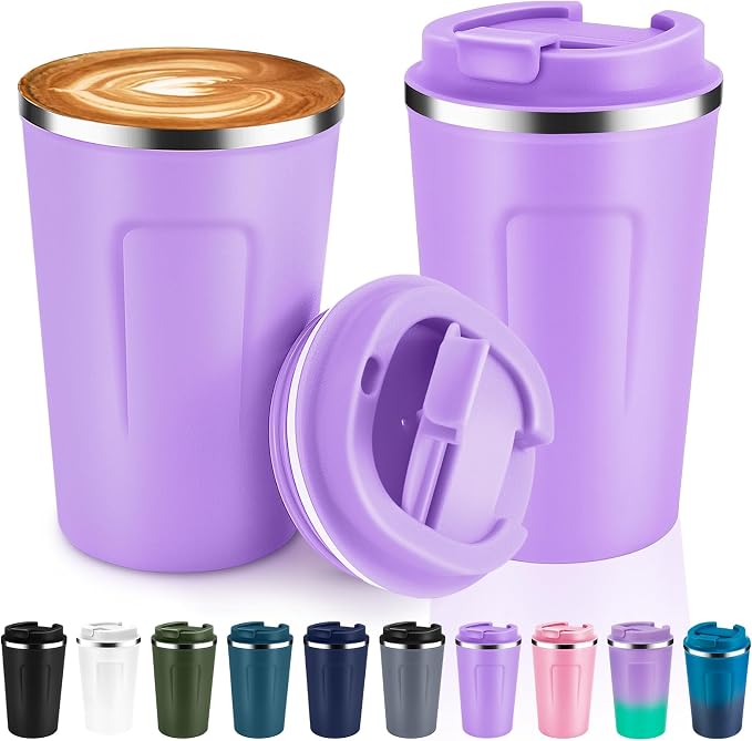 Volhoply 12 oz Double Wall Insulated Vacuum Travel Coffee Mugs with Flip Lid Bulk 2 Pack,Reusable Stainless Steel Leak Proof Coffee Cup,Portable Cafe Thermal Tumbler for Hot&Cold Drinks(Purple,2 Set) by LiveFully%EF%BC%8CDrinkFreely%E2%80%94KeepGoingwithVolhoply%EF%BC%81