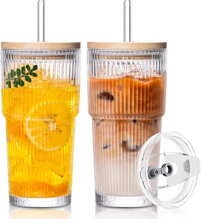 SoulTimes 20oz Ribbed Glass Tumbler with Bamboo Lid and Straw – Iced Coffee Glasses Cups for Smoothie, Matcha, Juice, Water etc. Leakproof and Reusable Glassware Drinking for Travel To Go 【2 Pack】 by SoulTimes