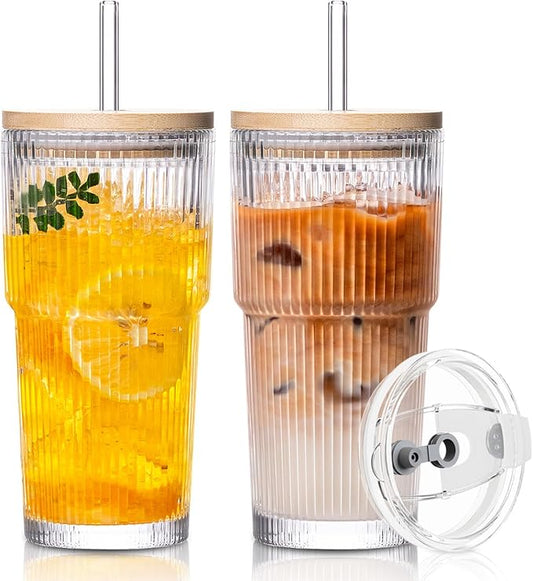 SoulTimes 20oz Ribbed Glass Tumbler with Bamboo Lid and Straw – Iced Coffee Glasses Cups for Smoothie, Matcha, Juice, Water etc. Leakproof and Reusable Glassware Drinking for Travel To Go 【2 Pack】 by SoulTimes