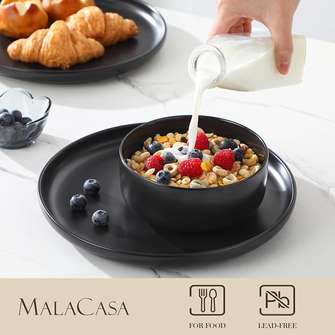 MALACASA 12 Pcs Porcelain Plates and Bowls Sets,Dinnerware Set for 4,Black | Modern Ceramic Dishware Set,Kitchen Dining Ware,Microwave and Dishwasher Safe,Simple Matt Black Design,Series LUNA - Image 3