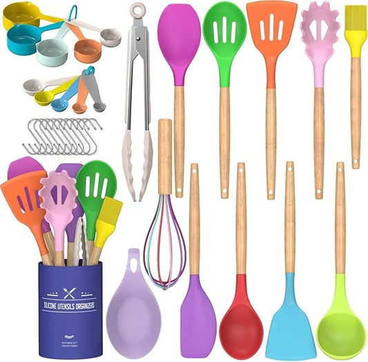 Umite Chef Kitchen Cooking Utensils Set, 33 pcs Non-stick Silicone Cooking Kitchen Utensils Spatula Set with Holder, Wooden Handle Silicone Kitchen Gadgets Utensil Set (Colorful) by UmiteChef