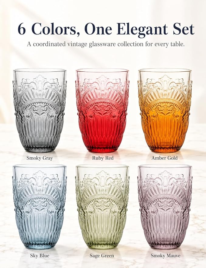 13 OZ 6 Pack Vintage Drinking Glasses Set, Colorful Textured Glass Water Tumblers Cups -Embossed Striped Glassware for Water, Cocktails, Juice, Iced Coffee, Beer(Imperial Arch style) - Image 5