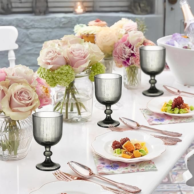 12 Pcs Vintage Wine Glasses, 11 Ounces Colored Glass Water Goblets, Unique Embossed Pattern High Clear Stemmed Glassware Wedding Party Bar Glass Drinking Cups Fancy Glasses Vertical Line Grey Set - Image 3
