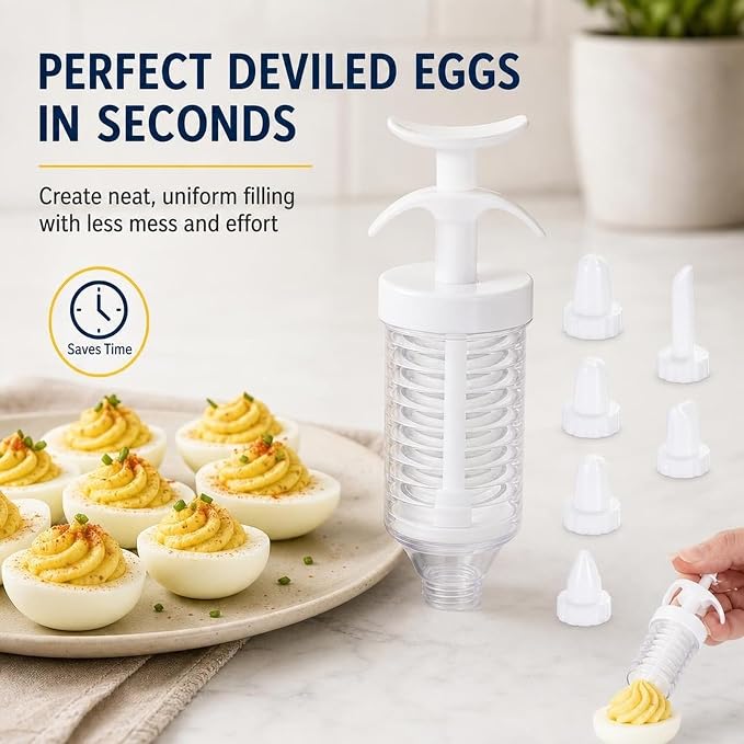 1 SET Deviled Egg Piping Tool, Deviled Eggs Filler Tool with 8 Piping Tips, Cupcake Filler Tool for Baking and Party Preparation, Reusable White Decorating Kit - Image 4