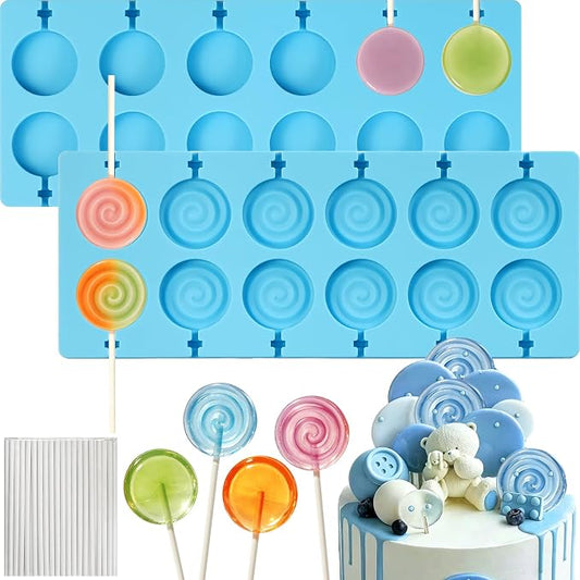 Lollipop Molds Silicone, 2-Pack Hard Candy Mold 24-Cavitiy | Sucker Molds With 50 Sticks for Chocolate DIY Sucker Cake Decorations Dessert Toppers Birthday Parties Wedding Non-Stick by SIQINZONGWA