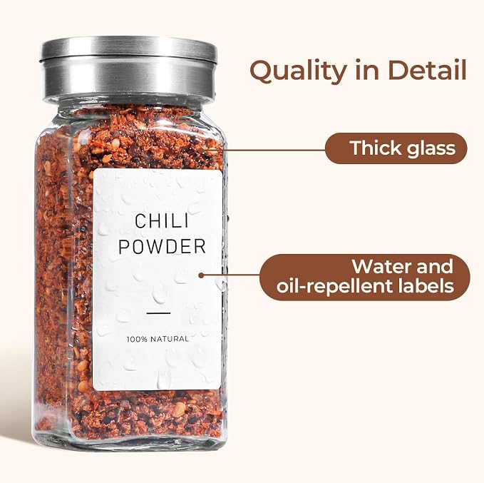 ComSaf Glass Spice Jars with Shaker Lids 4 oz 24 Pack Small Square Bulk Set | Labels, Seasoning Herbs Powders, Salt Pepper Chili, Spice Rack Organization, Kitchen Cabinet Storage, Funnel Included - Image 6
