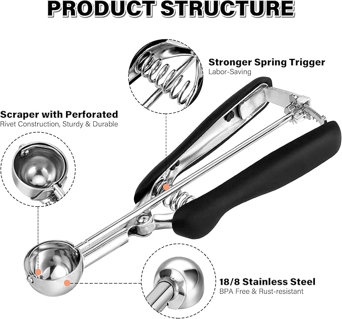 Small Cookie Scoop 2 tsp, Professional Stainless Steel Ice Cream Scoop 30 mm, Melon Baller Scoop Good Soft Grips, Quick Trigger Release