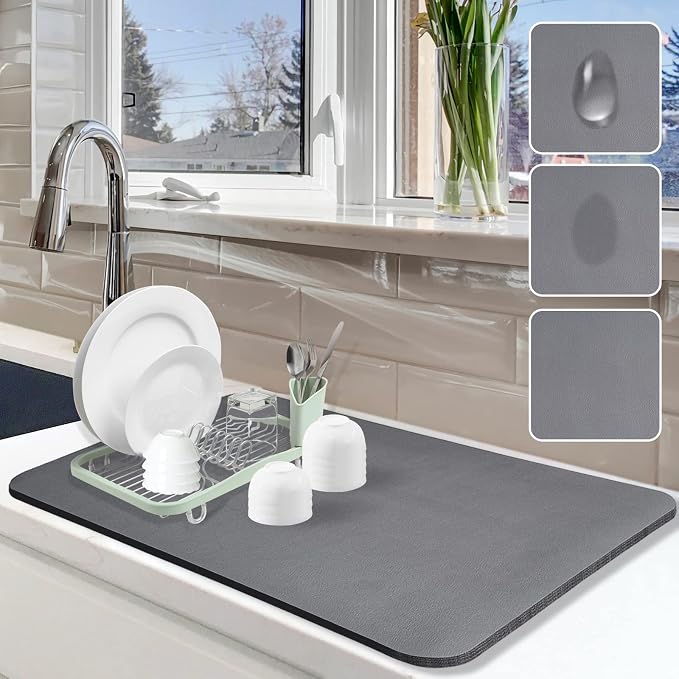 Dish Drying Mat for Kitchen Counter, 16"x24" Pad with Rubber Backed (Grey) | Hide Stain Anti Absorbent for Kitchen Counter, Non-slip Drying Mat for Coffee Machine Dish Rack by Etomiel