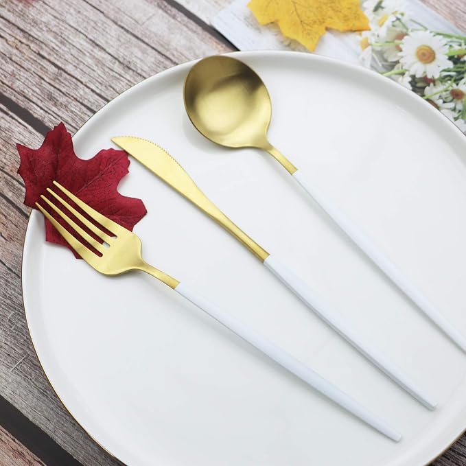 JASHII Silverware Set 36 Piece Food Grade Stainless Steel Flatware Set Fork Spoon Knife Utensils for Daily Use and Party, Service for 6 Anti Rust, Safe in Dishwasher (Matte White handle gold) - Image 2