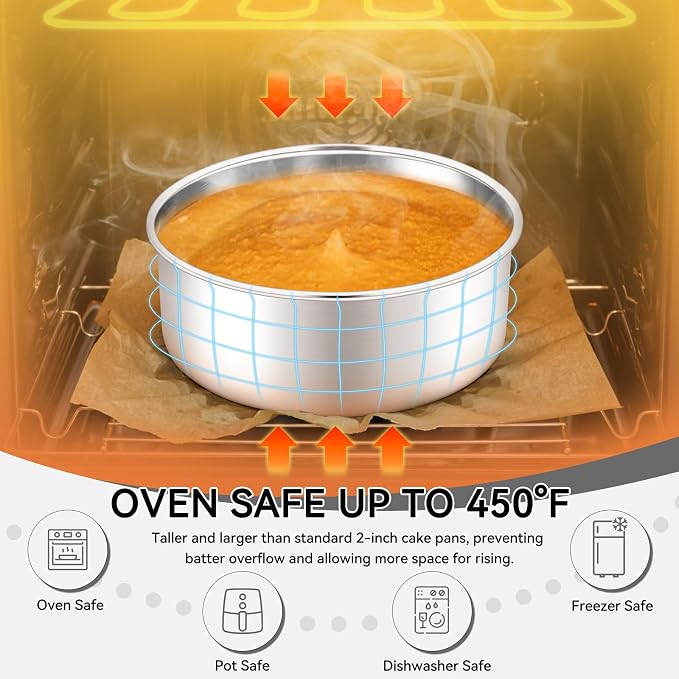 Leonyo 6 Inch Cake Pans, Stainless Steel Round Cake Baking Pans Set of 2, 6” x 3” Deep Baking Tins for Even Heating, Non Toxic & Healthy, Heavy-Duty, Dishwasher Safe - Image 6