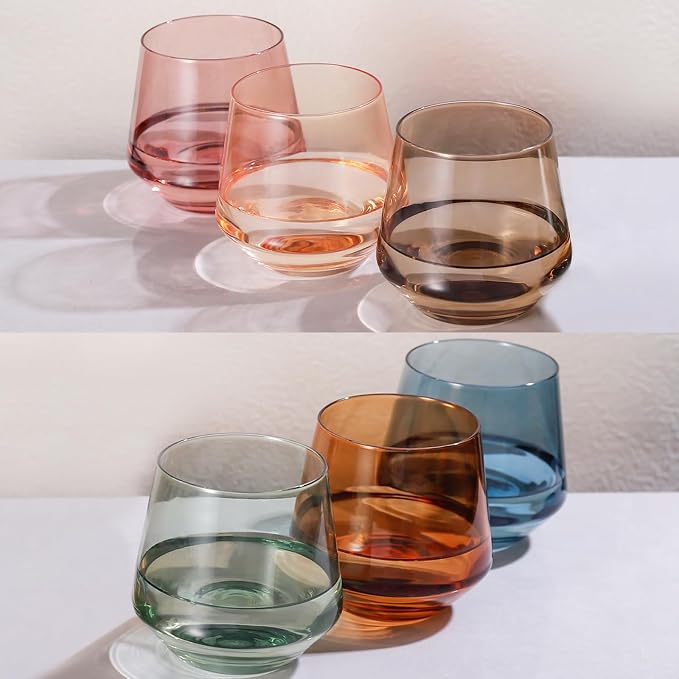 Stemless Wine Glasses Set 6【Colored Wine Glasses Stemless】 Multi Color Short Tumbler【14oz】 Colored Glassware for Wine or Soft Drinks,Unique Wine Gifts for Women Birthday Wedding by Colorsavant