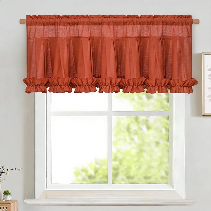 Likiyol Linen Valances for Windows Farmhouse Window Valances with Ruffle Rustic Country Light Filtering Kitchen Valance Curtains Rod Pocket Valance for Bathroom Cafe, Orange, 52" W X 18" L by Likiyol