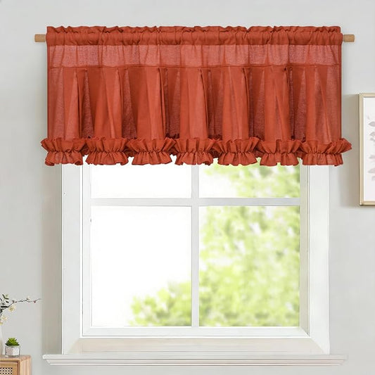 Likiyol Linen Valances for Windows Farmhouse Window Valances with Ruffle Rustic Country Light Filtering Kitchen Valance Curtains Rod Pocket Valance for Bathroom Cafe, Orange, 52" W X 18" L by Likiyol