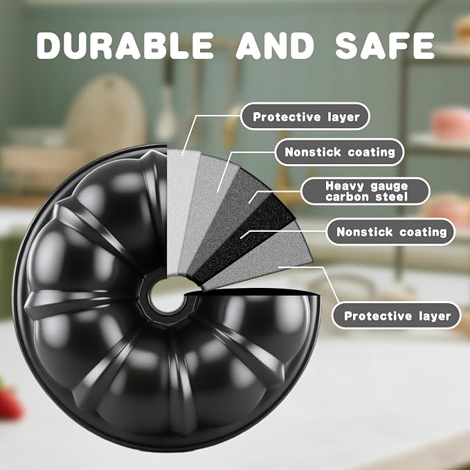 10” Cake Pan 2-PACK, Nonstick Round Cake Baking Pan, Buntz Pound Cake Mold,Tube Bakeware,Baking Mold for Jello/Gelatin/Chocoflan/Flan, Non Toxic, Easy Clean - Black - Image 3