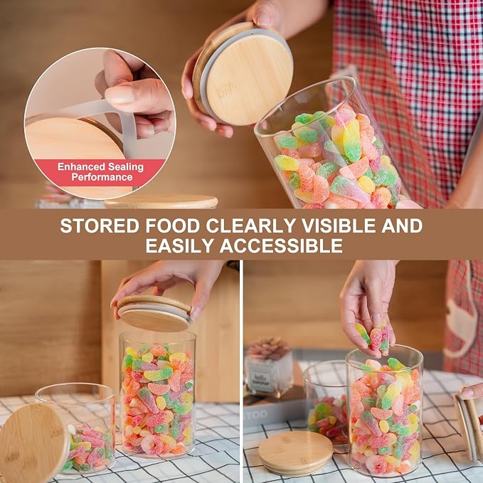 YUNCANG Glass Food Storage Jars 50oz [Set of 6],Clear Glass Food Storage Containers with Airtight Bamboo Lid Stackable Kitchen Canisters for Candy,Cookie,Rice,Sugar,Flour,Pasta - Image 7