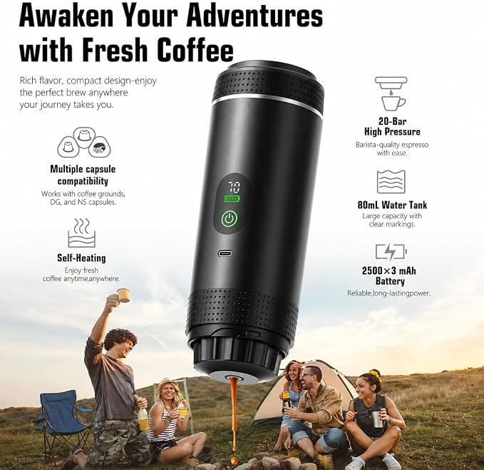 Portable Espresso Machine, Self-Heating Travel Coffee Maker with USB-C, 20 Bar Portable Coffee Maker for Ground Coffee & NS Capsules, for Camping, RV, Hiking, Office - Image 5
