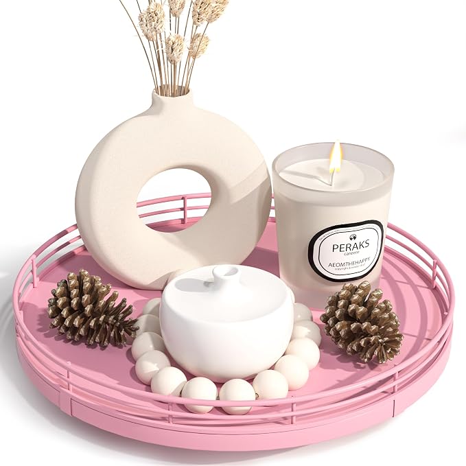 Oroyutor 9-Inch Oak Lazy Susan Decorative Tray, Pink Finish | Rotating oak tray organizes spices, toiletries and decor on kitchen counters, bathroom vanities, dining and coffee tables. by Oroyutor
