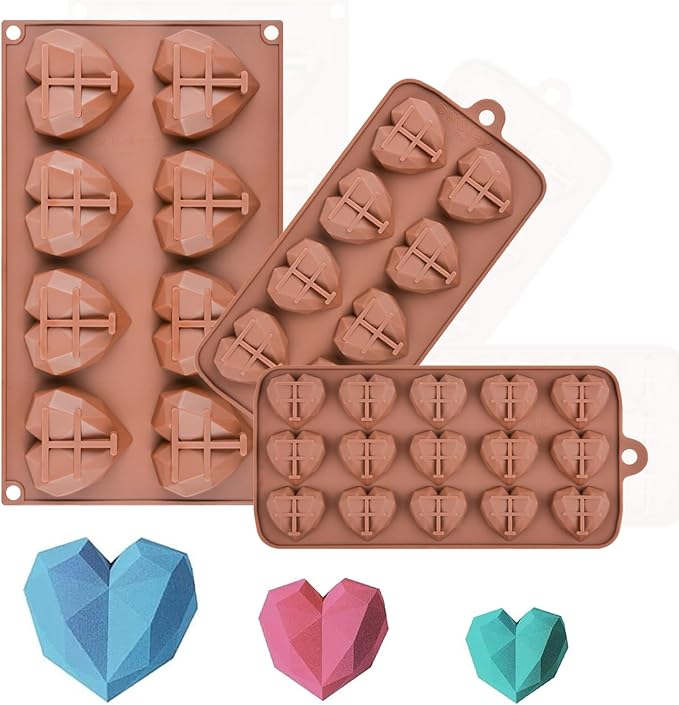3 Sizes Silicone Molds for Chocolate Bombs Large Medium Small Diamond Heart Shaped Cake Mold Set Mini Heart Candy Molds for Wax Melts