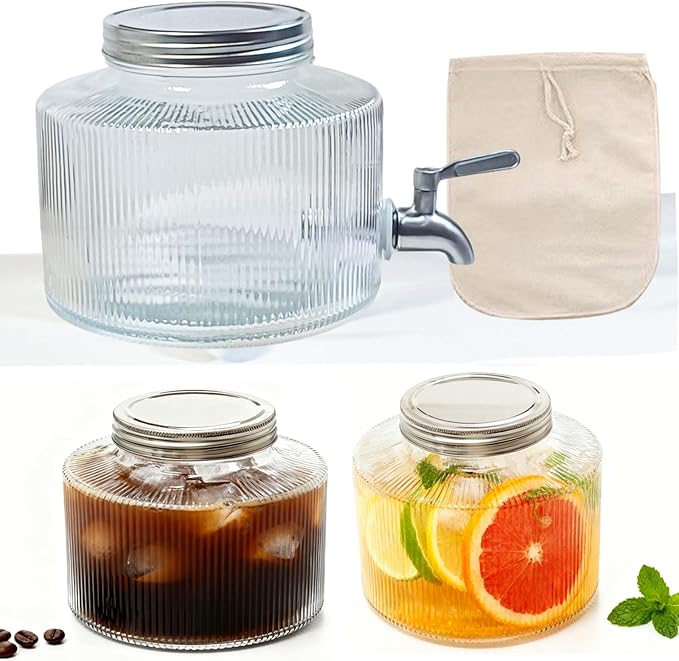 Large 2.5L Glass Beverage Dispenser Cold Brew coffee Iced Tea Lemonade Maker and Laundry Detergent Dispenser Leak-Proof Mason Jar Design with Stainless Steel Spigot and Reusable Filter Bag