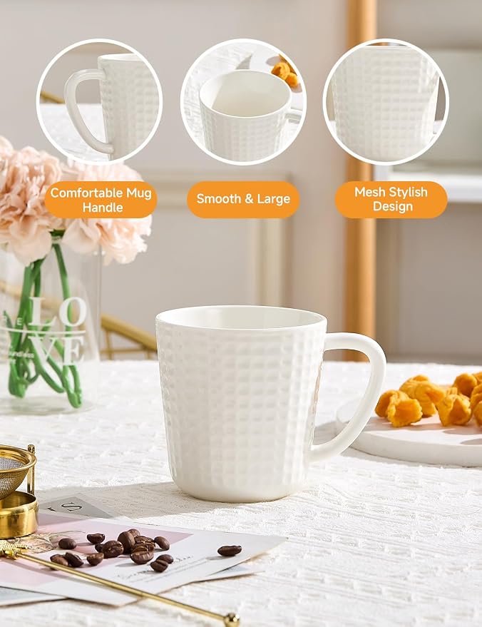 15 oz Ceramic Coffee Mugs Set of 6, White Waffle Embossed Coffee Cups | Coffee Cups with Large Handle, Coffee Mugs for Latte, Cappuccino & Hot Cocoa, Dishwasher & Microwave Safe, Housewarming Gift - Image 4