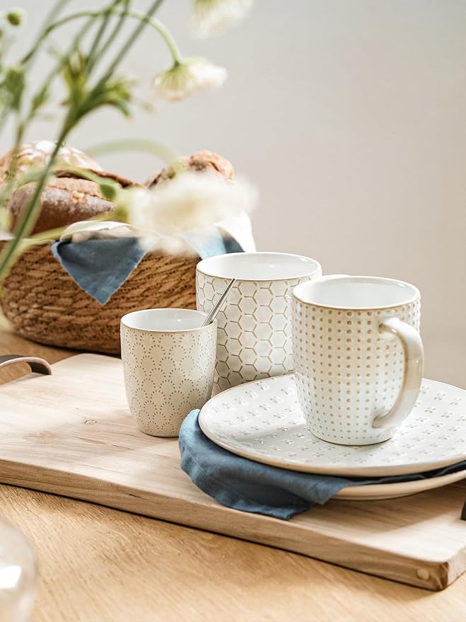 LE TAUCI Coffee Mugs 12 oz, Ceramic Mug Set Set of 4, Embossment Cups for Espresso, Latte, Tea, Cocoa, Cappuccino & Mocha, Dishwasher Oven Microwave Safe - 3.4 inch, Arctic White - Image 7