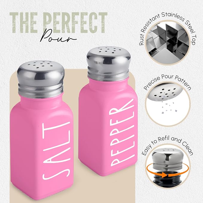 Pink Salt and Pepper Shakers Set by Brighter Barns - Modern Kitchen Decor and Accessories - Cute Glass Shakers - Vintage Decor for Home, Restaurants, Housewarming Gifts & Stainless Steel Lids (Pink) - Image 3
