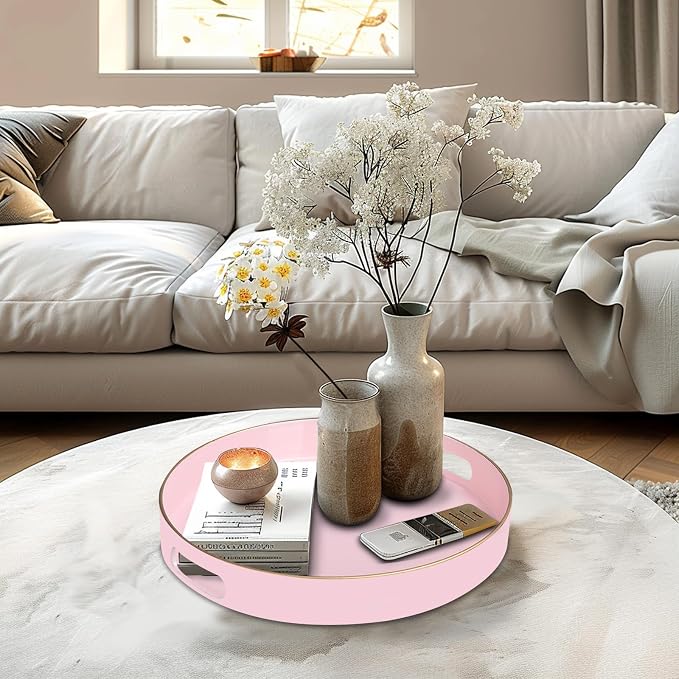 MAONAME 13" Pink Decorative Tray, Plastic Round Serving Tray with Handles | Decorative Tray for Coffee Table, Modern Ottoman Tray, Circle Tea Tray, Round Melamine Tray for Living Room, Bathroom - Image 6