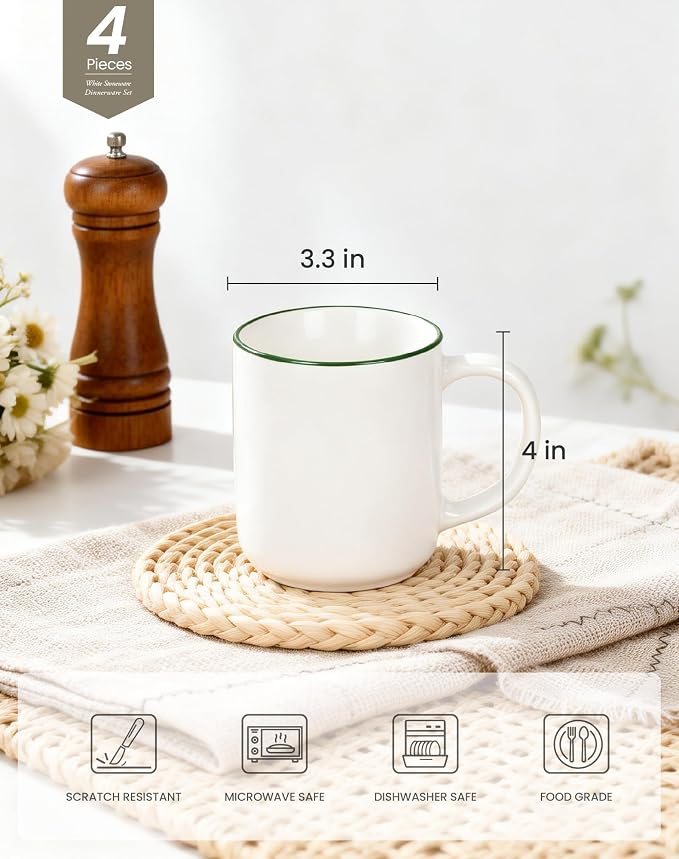 OTAGO Coffee Mugs for 4, 12 oz Mug Set, Dringking Cup with Handle for Coffee, Tea, Cocoa, Green Rim - Image 3